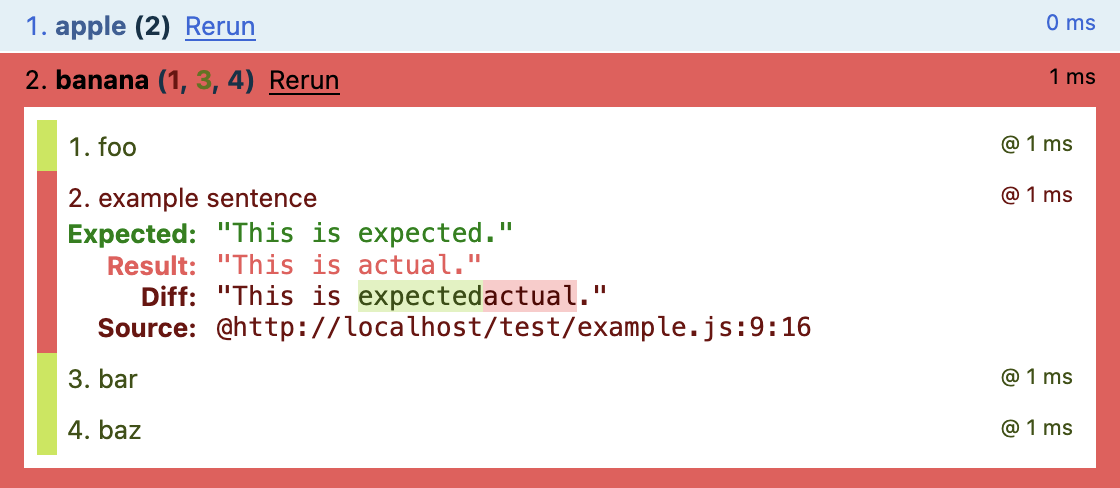 Screenshot of QUnit test results in a web browser.
1) apple
2) banana
Expected: This is expected.
Result    This is actual.
Source:   @/test/example.js:3:10
