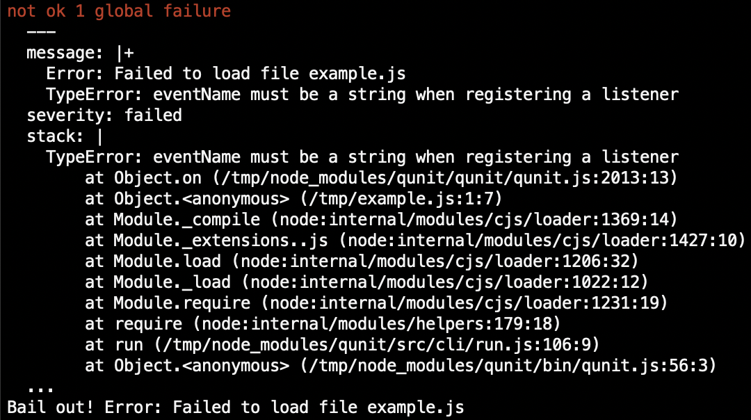 Failed to load file example.js. TypeError: eventName must be a string. at qunit.js, at example.js, at node:internal/cjs/loader.