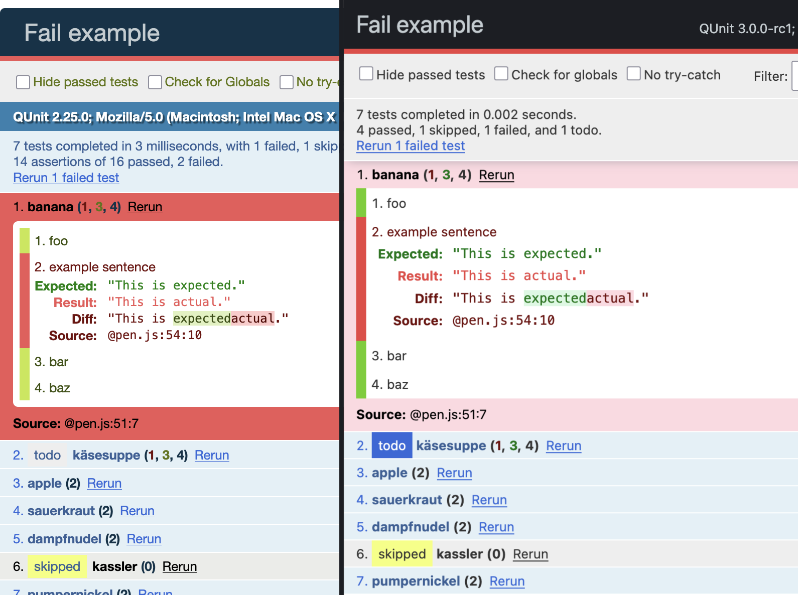 Failing test example, QUnit 2.25 and 3.0 side-by-side.