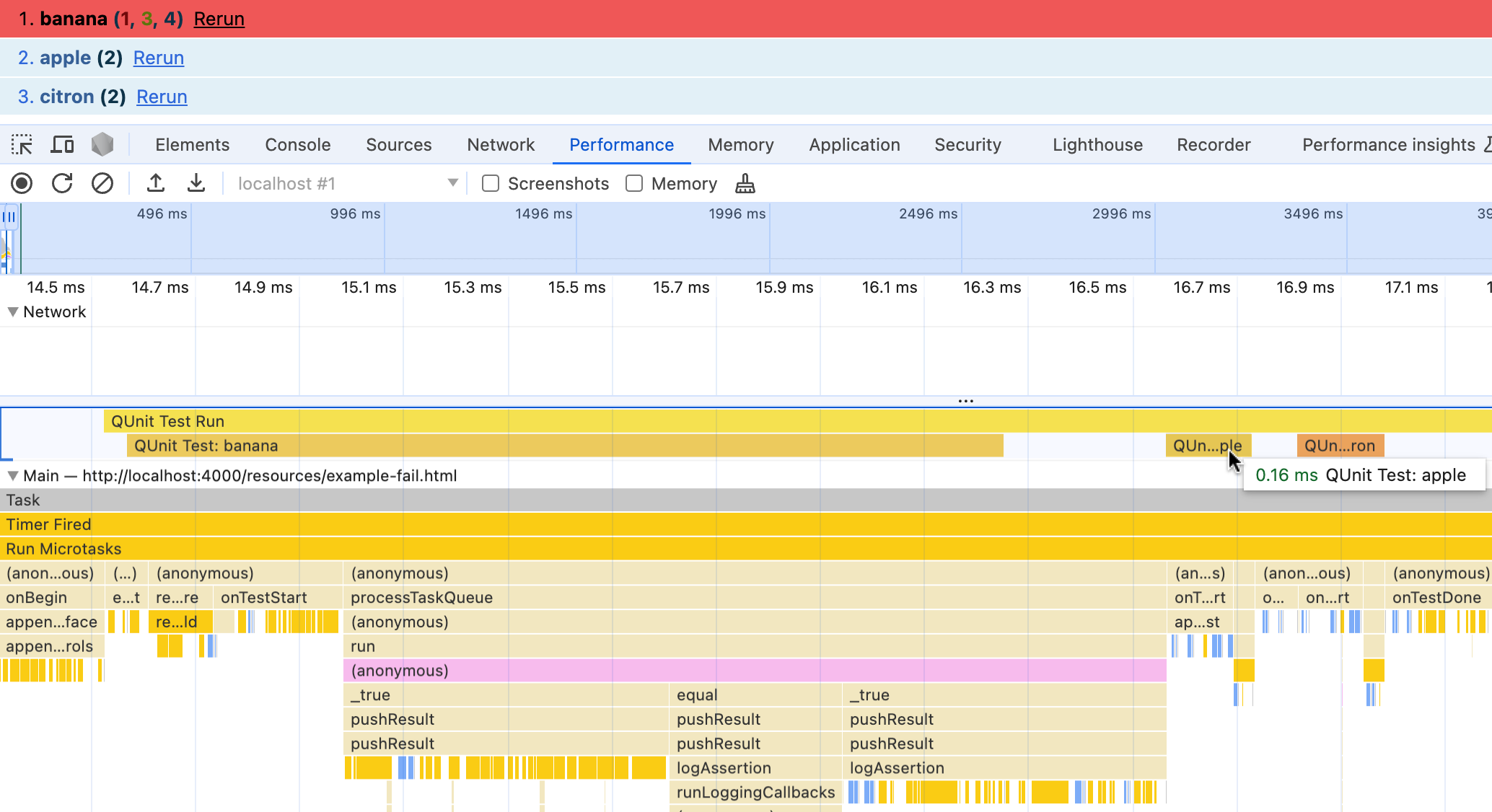 QUnit profiling in Chrome DevTools Performance tab